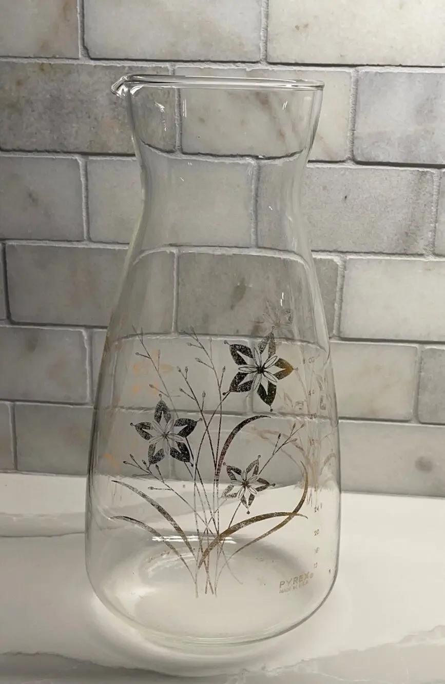 Vintage Pyrex 48 oz Juice Carafe or Pitcher with Gold Floral Design